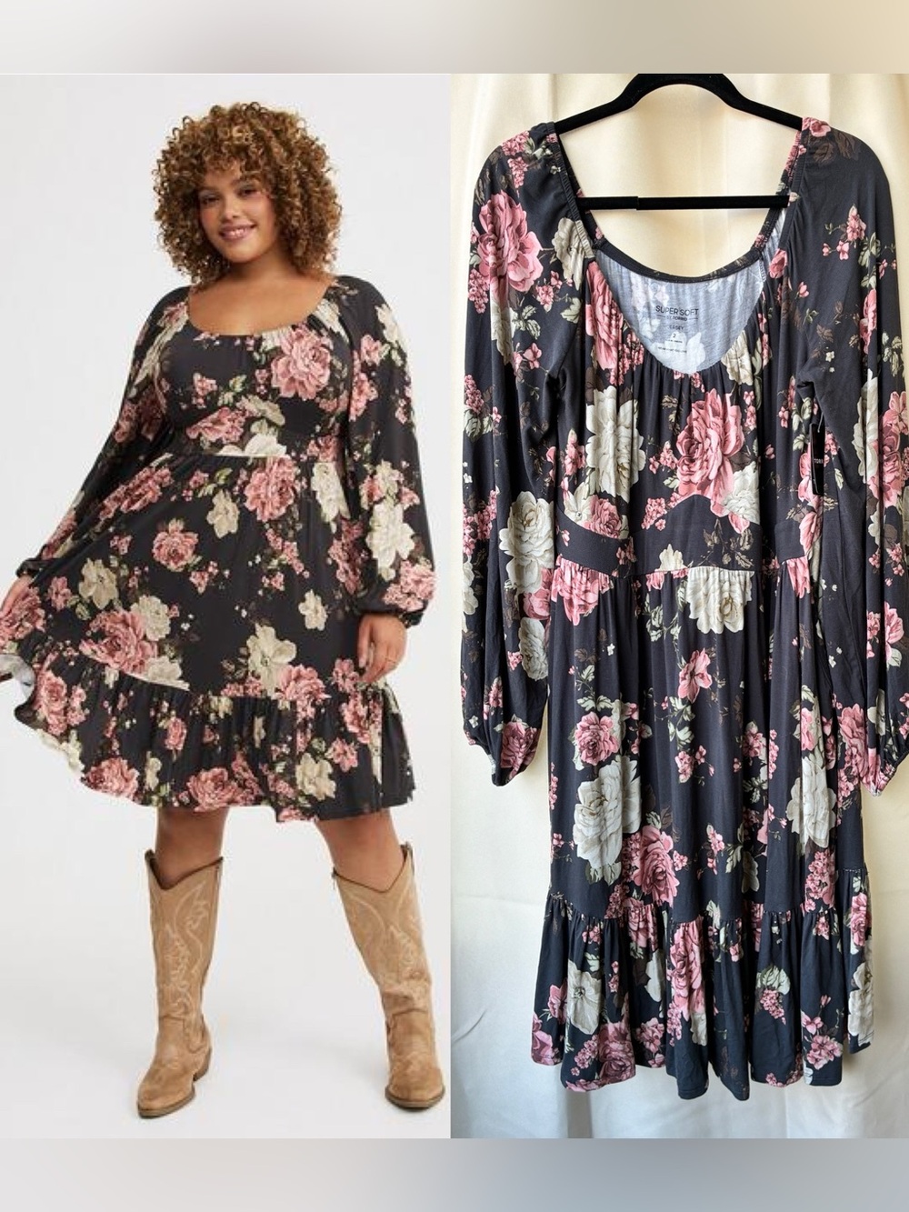 NWT Torrid Tiered Long Sleeve Knee-Length Dress in Lover Floral Phantom 2X